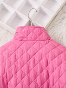 SHEIN 年轻女孩字母贴花绗缝领弹性下摆夹克，冬季 - 粉色 - 查看 5