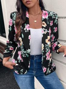 SHEIN LUNE Floral Print Knitted Plus Size Women's Spring Autumn Casual Long Sleeve Blazer Jacket