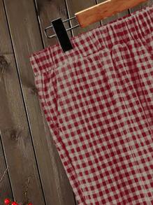 大码女式格子圆领短袖上衣和裤子 2 件套 - 紅色 - 查看 4