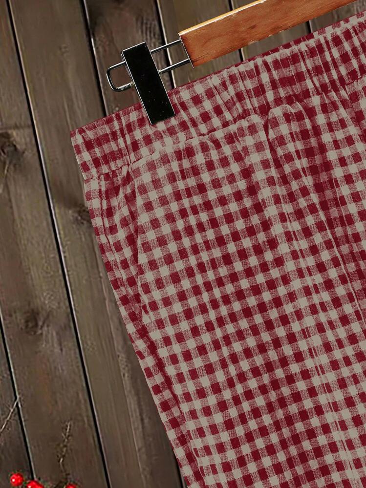 大码女式格子圆领短袖上衣和裤子 2 件套 - 紅色 - 查看 4