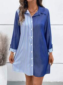 SHEIN LUNE 女士纯色条纹拼布印花长袖连衣裙