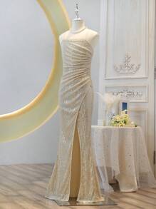 SHEIN 青少年女孩闪亮优雅高腰荷叶边 V 领开衩长裙礼服 - 杏色 - 查看 7