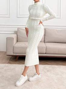 SHEIN Cottnline Elegant Cable Knit Pattern Long Fitted Sweater Dress, Autumn Winter - Beige - View 6