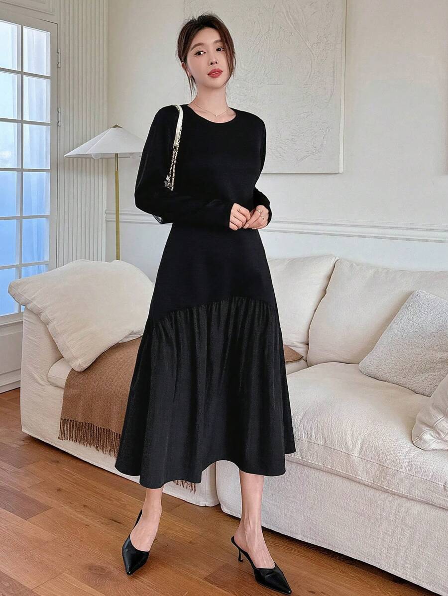 DAZY Women Round Neck A-Line Loose Dress,Ruffle,Fall Clothes Long Sleeve Dress - Black - View 1