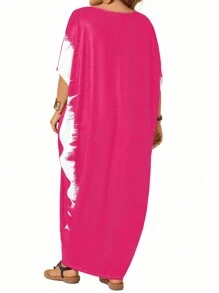 SHEIN LUNE Plus Size Women's Summer Contrast Color Round Neck Batwing Short Sleeve Loose Straight Casual Dress