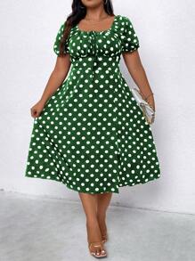 SHEIN Clasi 大码女式波尔卡圆点印花开衩短袖连衣裙 - 墨綠色 - 查看 4