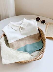 SHEIN 小男孩休闲撞色针织软领拉链长袖毛衣，适合秋冬季通勤、上学、居家、休闲、街头风格、派对和户外