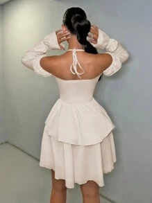 SHEIN SXY Holiday Vacation Beach Summer Multi-Layered Ruffles Oversized Skirt Women's Solid Color Simple Daily Ruffle Hem Dress Wedding Guest Dress Women - Beige - View 2