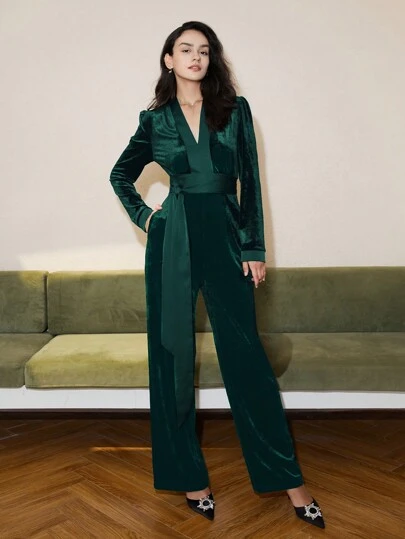 女士纯色V领长袖丝绒腰带连体裤，优雅复古风格，商务休闲，度假装，圣诞节