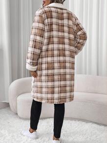 SHEIN LUNE Women's Regular Plaid Fleece Long Jacket For Autumn & Winter