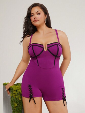 evoluSHEIN X Anitta Spagnelli Designer Plus Bodice Cross-Tie Back Romper, Holiday, Going Out, Festival