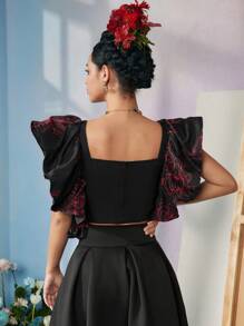 KATHARSIS Frida Kahlo X SHEIN X Designer Áo crop top hở nách in hình chim, Ngày lễ, Lễ tạ ơn, Mùa xuân & mùa hè, Đi chơi, Lễ hội - màu đen - Xem 2