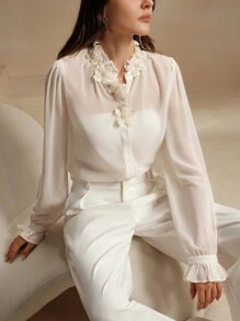 Anewsta 女士优雅手工花卉领装饰宽松轻便长袖衬衫，秋冬，长袖上衣 - 杏色 - 查看 6