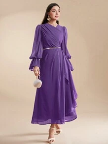 Modelyn Đầm viền nhún bèo dài tay màu trơn dành cho nữ, thường ngày & ngày lễ - Màu tím - Xem 1
