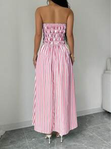 Chiquease Women Vacation Strapless  Striped Shirred Dress - Dusty Pink - View 2
