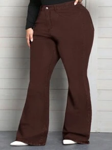 SHEIN CURVE+ 大码纯色弹力喇叭牛仔裤 - 酒紅色 - 查看 3