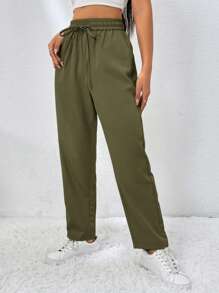 Muchica Quần dài lưng 3/4 màu trơn đơn giản có dây rút - màu xanh lá - Xem 4