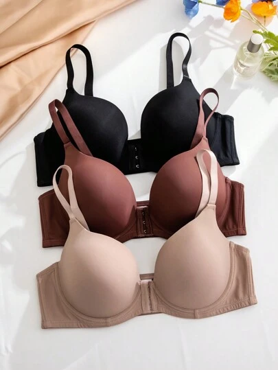 3pcs Plus Size Front Closure Steel Underwire Bras
