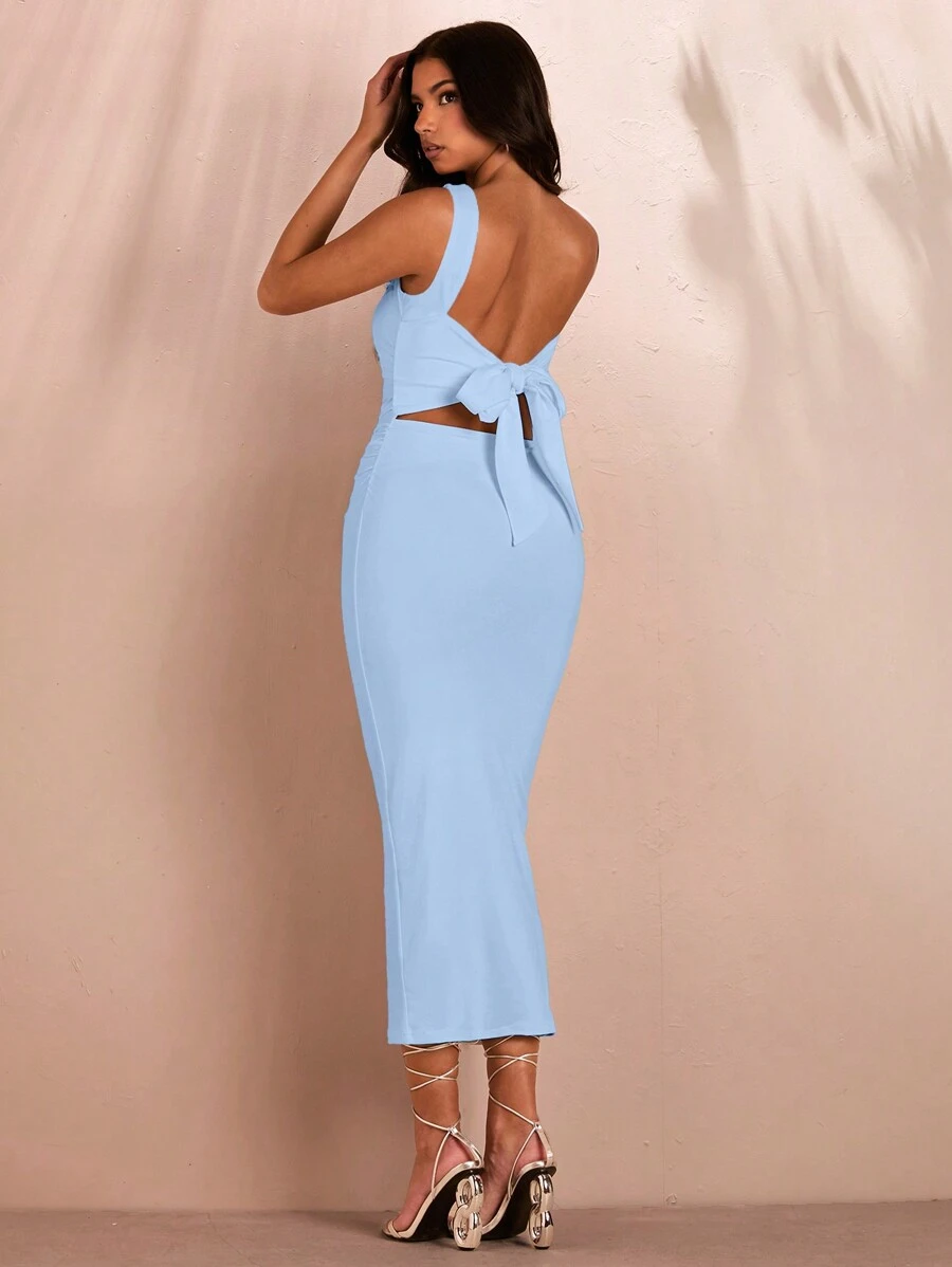 SHEIN BAE Women Solid Color Ruched Collar Backless Tie Slit Bodycon Mini  Dress,Pastel Dresses For Women - Baby Blue - View 1