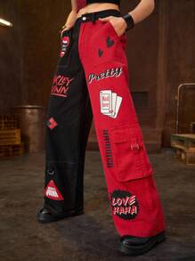 Harley Quinn | ROMWE Women Contrast Color Black And Red Patchwork Cargo Boy Friend Jeans - Multicolor - View 3