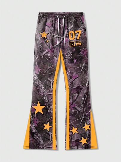 Street Life Pantalones de chándal acampanados con estampado de camuflaje vintage y parches para hombre