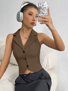 SHEIN Unity Chaleco de traje de una sola hilera con solapa de unicolor para dama en verano - Café integral - Ver 4