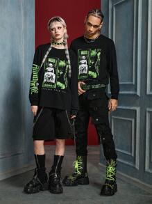ANNABELLE x SHEIN 男女款单件休闲暗黑朋克风格恐怖人物和字母印花长袖 T 恤，秋季 - 黑色 - 查看 3