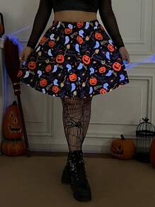 SHEIN EZwear Plus Size Women Halloween Pumpkin Ghost Print Skirt, Halloween Costume