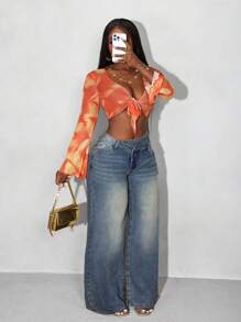 Slaydiva Women Asymmetric Waist Patch Pocket Loose Flared Leg Casual Denim Jeans - Medium Wash - View 1