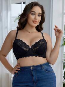 Plus Size Women's Classic Padded Underwire Contrast Lace Bra, Lingerie - Black - View 3