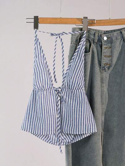 SHEIN Unity Women's Casual Striped Halter Neck Tie Cami Top, Summer Graphic Tees Women Tops