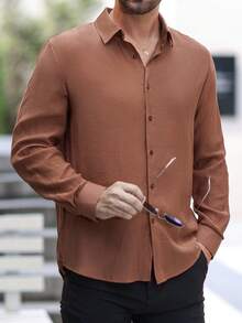 Manfinity Mode Áo sơ mi nam tay dài màu trơn thường ngày đi làm, mùa xuân và mùa hè - màu nâu - Xem 4