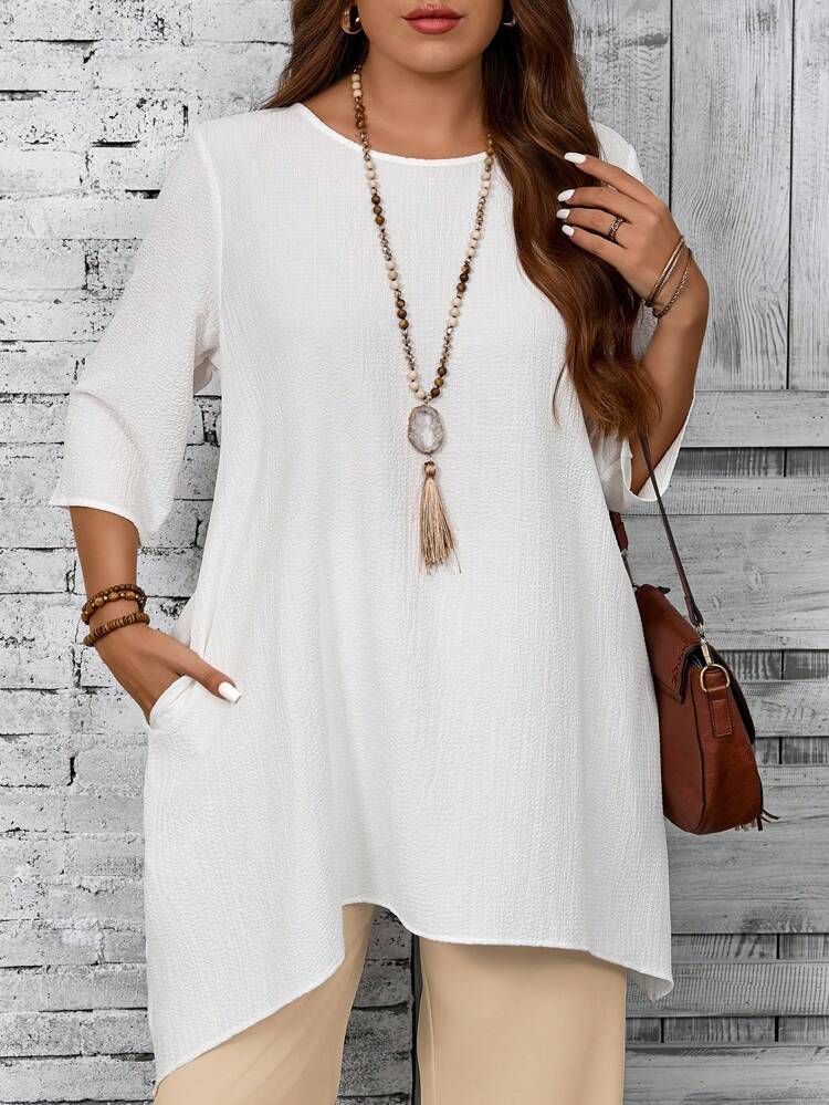 Plus Size Women Round Neck 3/4 Sleeve Asymmetric Hem Casual White Shirt, Spring & Summer Fall Women Clothes,Vacation