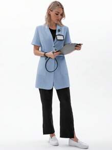 TaskEZ Women Scrubs  Uniform Button Front Hospital Nurse Scrub Dress Lab Coat Clothes 2 Front Pockets+ One Inner Pocket - Baby Blue - View 3