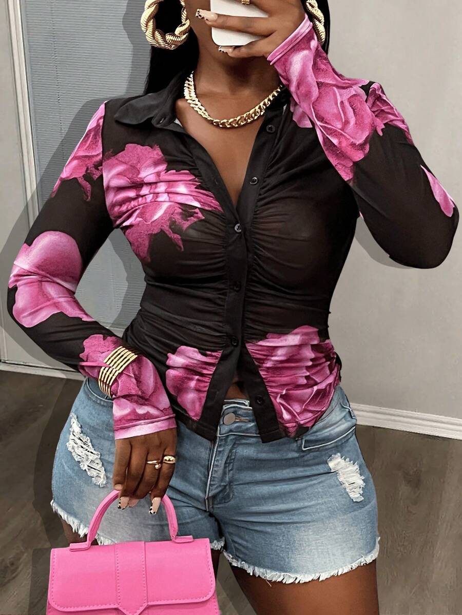 Slaydiva Autumn New Lapel Long Sleeve Slim Fit Short Open Placket Button Full Black Bottom Pink Purple Flower Print Mesh Women's T-Shirt - Multicolor - View 1