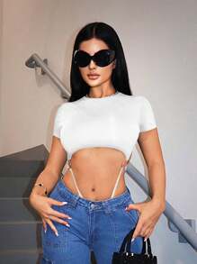 SHEIN SXY 女士休闲露背紧身衣，夏季 - 白色 - 查看 4