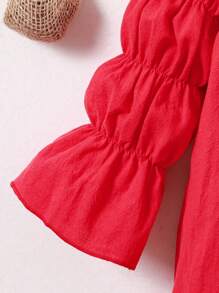 Young Girl Fashionable Simple Christmas Colorblock Dress - Red - View 3