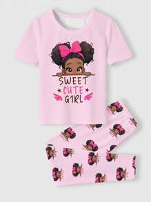 SHEIN 2 件套青少年女孩休闲可爱卡通非裔美国女孩，蝴蝶结、字母印花短袖 T 恤和裤子睡衣套装，舒适合身的青少年女孩睡衣，女孩睡衣，女孩秋装，女孩秋装，青少年女孩服装，女孩睡衣套装，粉色 - 彩色 - 查看 1