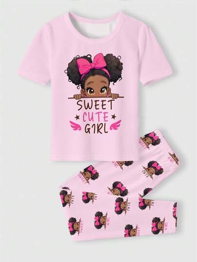 SHEIN 2 件套青少年女孩休闲可爱卡通非裔美国女孩，蝴蝶结、字母印花短袖 T 恤和裤子睡衣套装，舒适合身的青少年女孩睡衣，女孩睡衣，女孩秋装，女孩秋装，青少年女孩服装，女孩睡衣套装，粉色
