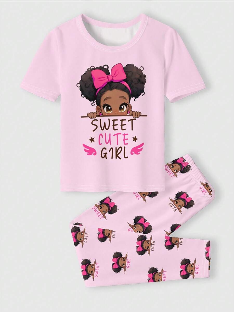 SHEIN 2 件套青少年女孩休闲可爱卡通非裔美国女孩，蝴蝶结、字母印花短袖 T 恤和裤子睡衣套装，舒适合身的青少年女孩睡衣，女孩睡衣，女孩秋装，女孩秋装，青少年女孩服装，女孩睡衣套装，粉色 - 彩色 - 查看 1