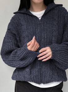 Dazy-Less Women's Solid Color Dropped Shoulder Long Sleeve Zip-Up Casual Textured Cardigan, Winter,Long Sleeve Tops,Fall Women Clothes Jacket - Navy Blue - View 2