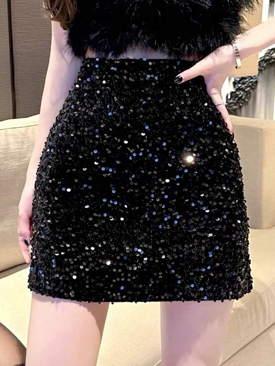 DAZY Back To School Sparkling Sequined Mini Bodycon Skirt For Women Prom Skirting New Years Women Outfit Carnival - Black - View 1