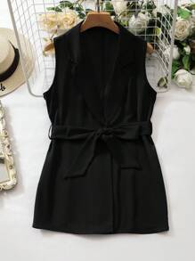 Seusyu Women's Solid Color Lapel Sleeveless Blazer And Pants Suit, Office/Casual 2 Pieces Set - Black - View 8