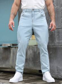 Manfinity Homme Men's Plus Size Casual Washed Ripped Tapered Jeans, Plain Light Jeans Slim Fit Long Baby Blue Washed Cargo Jeans, For Husband, Boyfriend Gifts - Blue - View 4