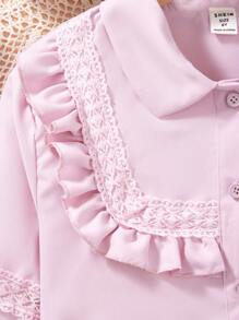 Girls' Solid Color Frill Trim Long Sleeve Button Front Casual Shirt