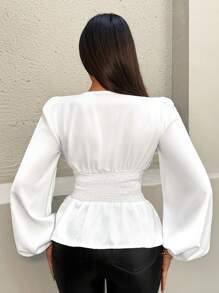 Zolique 女士纯色方领灯笼袖优雅、正式、浪漫衬衫 - 白色 - 查看 2