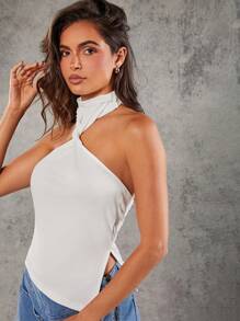 Denimoi 夏季扭领开叉不对称下摆露背上衣 - 白色 - 查看 6