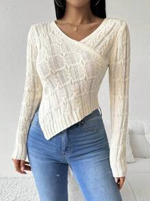 Chiquease 不对称下摆纯色针织毛衣，春秋休闲