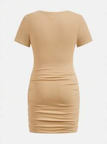 SHEIN 3pcs/Set Tween Girl Solid Color Crew Neck Fitted Casual Short Sleeve Dress Set - Khaki - View 4