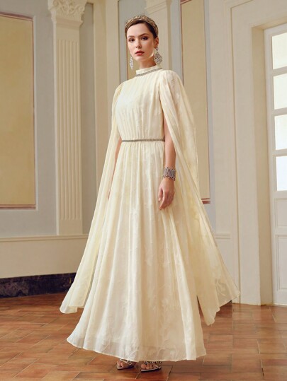 ZEYLAH Vestido con manga tipo capa, detalles de aplicaciones de flores en jacquard y strass